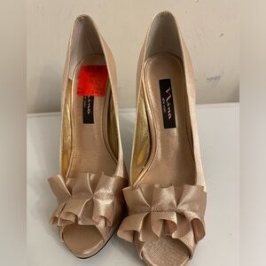 Gold Fabric Open Toed Heels